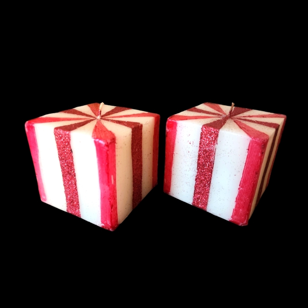 Square Red & White Glittery  Holiday Candles. Set Of 2. 3x3x3". New
